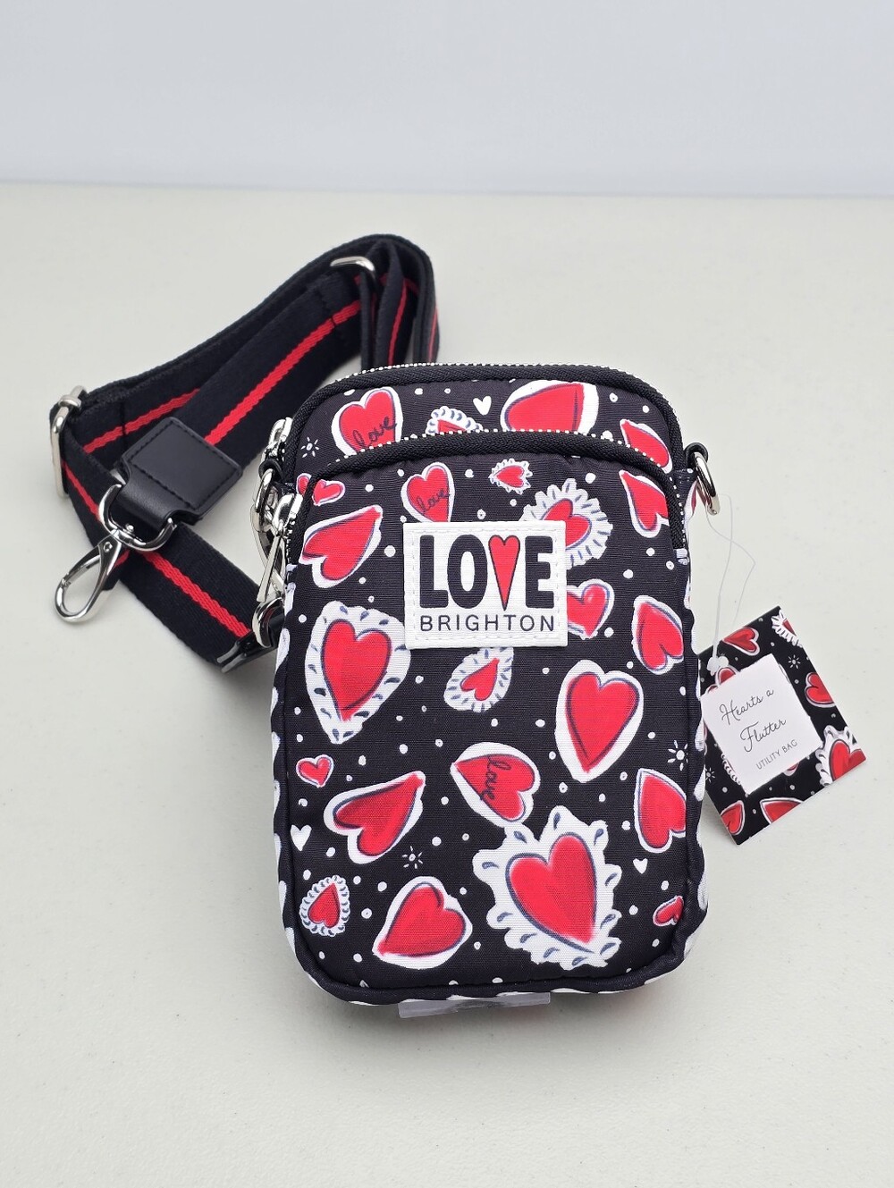 Brighton Hearts A Flutter Utility Crossbody Bag Black Red White Hearts Love NWT